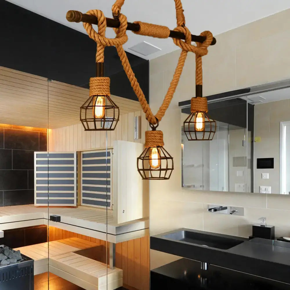 Decorbites black metal domed cage pendant light with three adjustable heads and beige rope for industrial vintage lighting 220v-240v 110v-120v