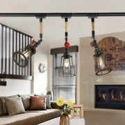 DecorBites vintage 3-light metal ceiling fixture with black cage shades red valves and rope suspension for living room
