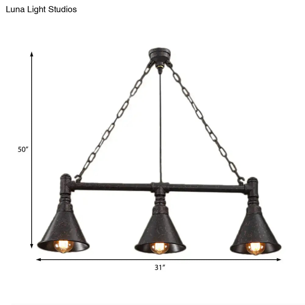 Industrial metal three-light pendant fixture with rustic design for dining room and rust-coloured island lighting use