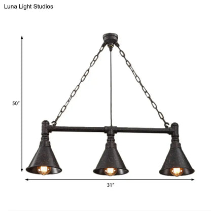 Industrial metal three-light pendant fixture with rustic design for dining room and rust-coloured island lighting use