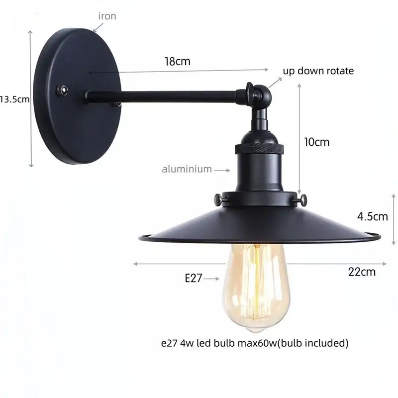 Industrial vintage black wall light with black iron and aluminum rotating arm conical shade e27 led bulb decorbites led wall