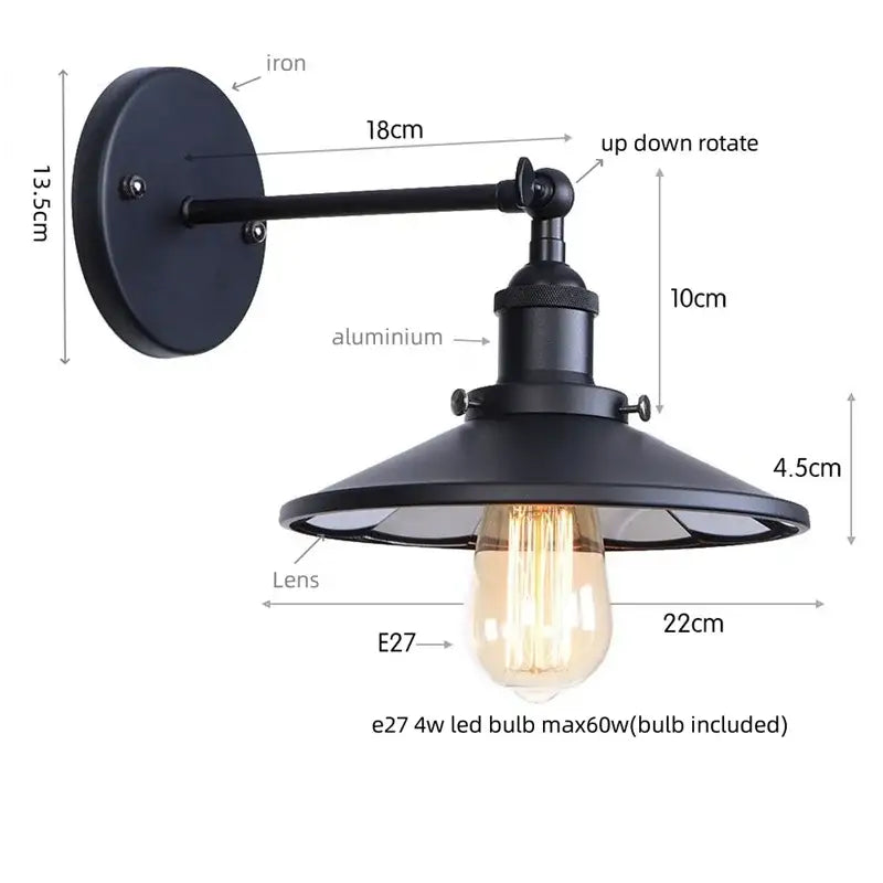 Black industrial vintage wall light with iron and aluminum adjustable arm featuring decorbites led wall bulb