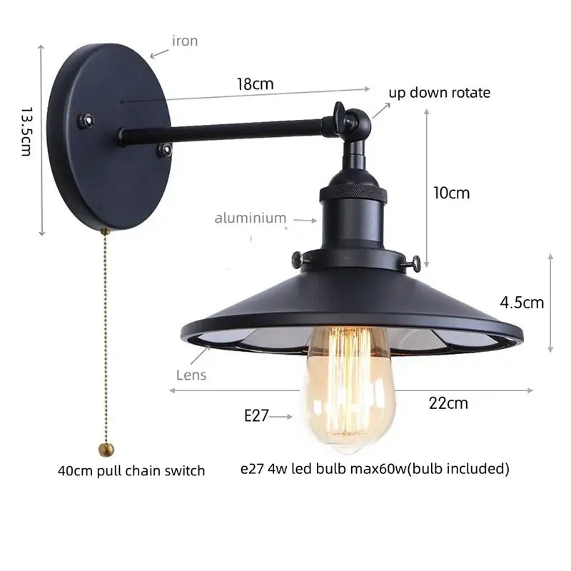 Black industrial vintage wall light with matte iron plate aluminum arm and visible edison bulb for decorbites led wall use