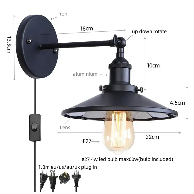 Black industrial vintage wall light with matte iron plate aluminum arm dome shade and edison bulb decorbites led wall