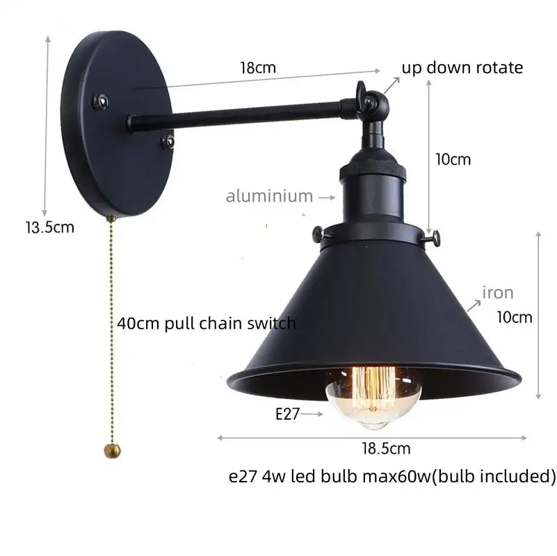 Black industrial vintage wall light with adjustable iron arm and conical shade decorbites led wall sconce