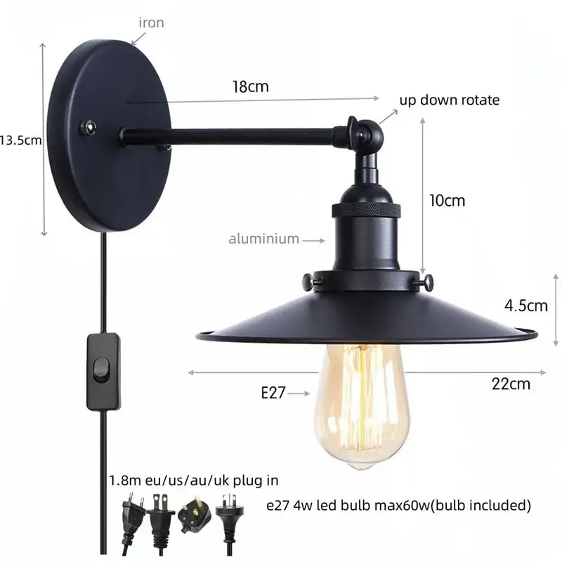 Industrial vintage black wall light with black wrought iron rotating arm flared shade and included decorbites led bulb
