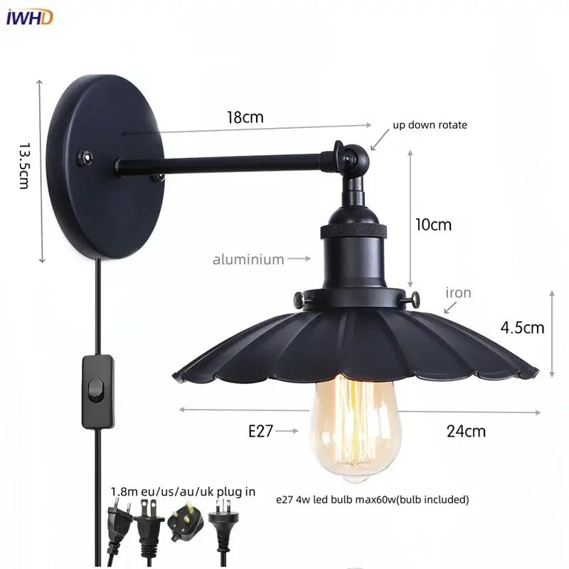 Industrial vintage black wall light with black wrought iron aluminum and fluted shade featuring e27 socket for decorbites led wall