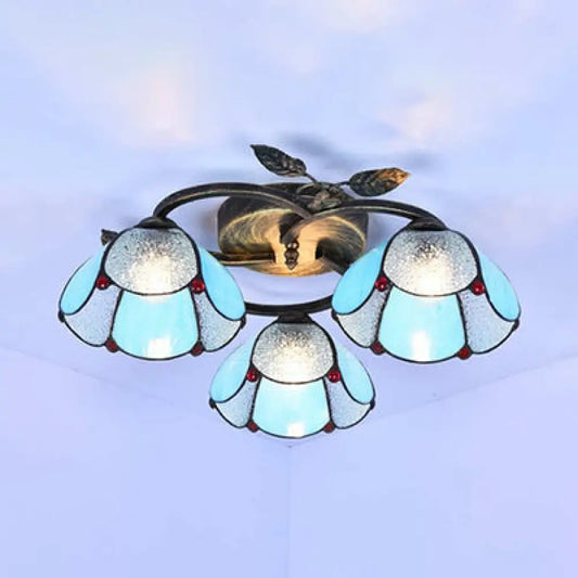 DecorBites™ DecorBites™ Industrial Vintage Bowl Ceiling Light - Stained Glass - Blue/Clear - 3 Lights - Flushmount for Bedroom