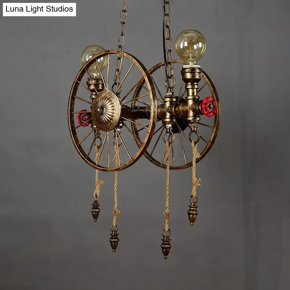 DecorBites™ vintage brass island pendant light with antique wheel design, red valve accents, rope details, 110v-120v 220v-240v fixture width