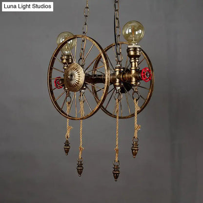 DecorBites™ vintage brass island pendant light with antique wheel design, red valve accents, rope details, 110v-120v 220v-240v fixture width