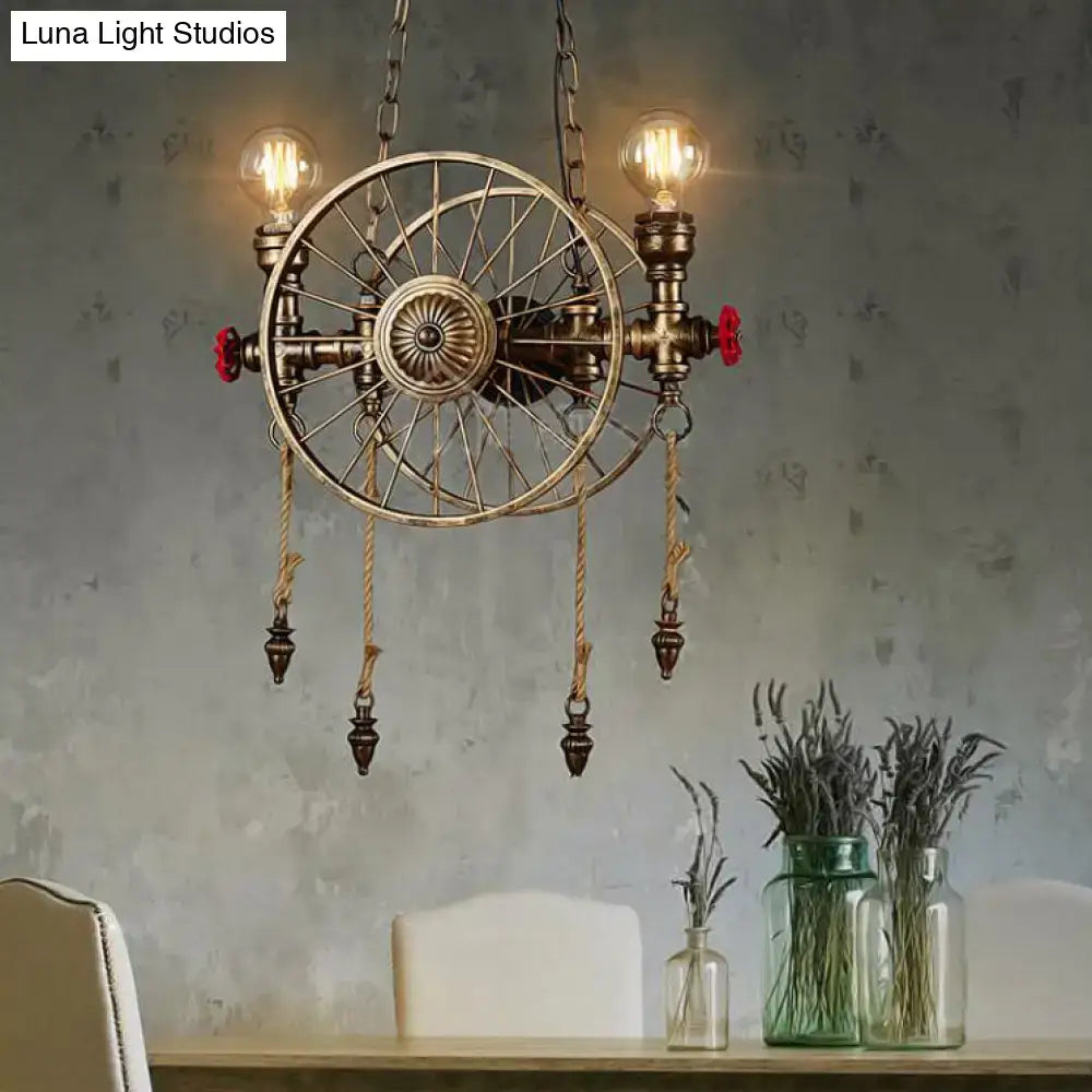 DecorBites vintage brass island pendant light with wheel design dual heads brass metal fixture width 110v-120v 220v-240v