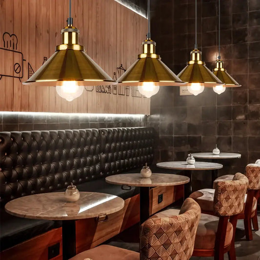 Industrial vintage brass pendant light with conical shades and exposed bulbs for living room decorbites industrial vintage