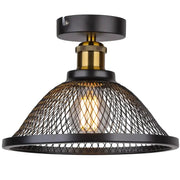 Black metal mesh pendant ceiling light with brass-finished stem and Edison bulb for decorbites industrial vintage cage decor