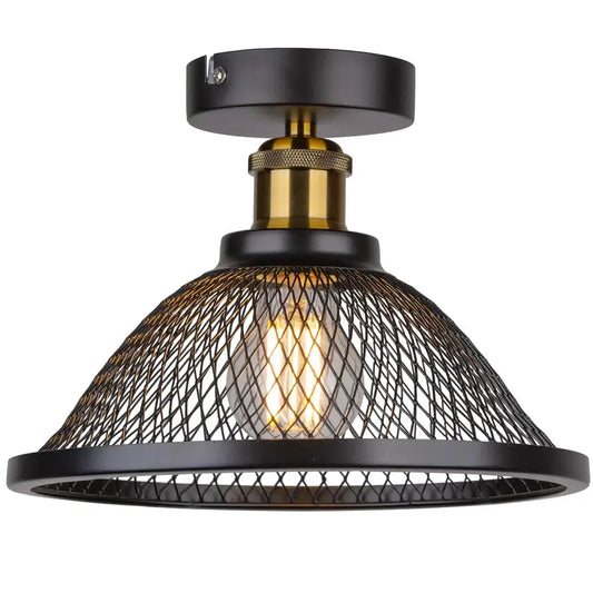 Black metal mesh pendant ceiling light with brass-finished stem and Edison bulb for decorbites industrial vintage cage decor