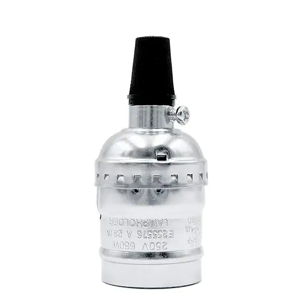 Silver metal lamp base with black plastic top and engraved specs for decorbites industrial vintage chain lamp socket cap