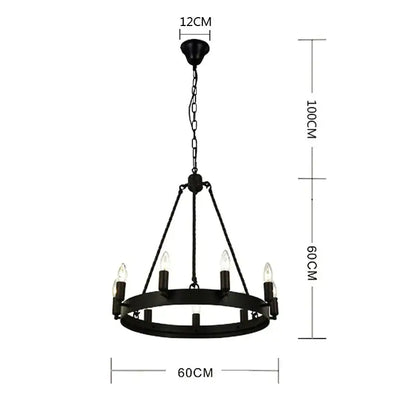 Black wrought iron industrial vintage chandelier with six candle-style bulbs and circular frame decorbites industrial vintage
