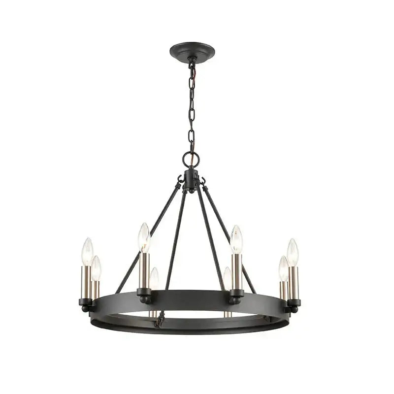 Black wrought iron industrial vintage chandelier with eight candle-style bulbs and circular frame for kitchen decorbites industrial vintage