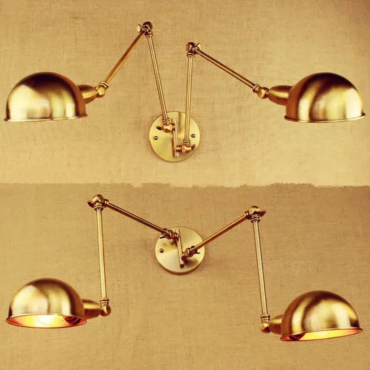 Industrial vintage double brass wall sconce with adjustable double-arm and dome-shaped shades for bedroom decorbites decor