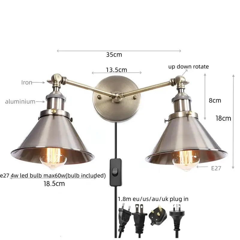 Industrial vintage double wall light with brushed brass finish and conical metal shades for bedroom reading decorbites industrial vintage