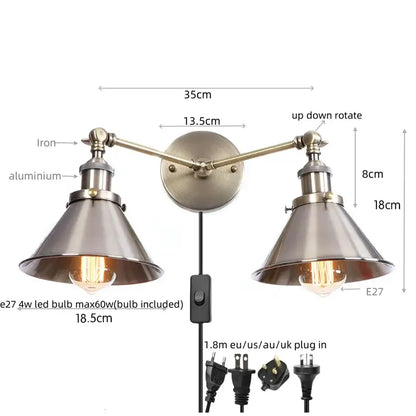 Industrial vintage double wall light with brushed brass finish and conical metal shades for bedroom reading decorbites industrial vintage