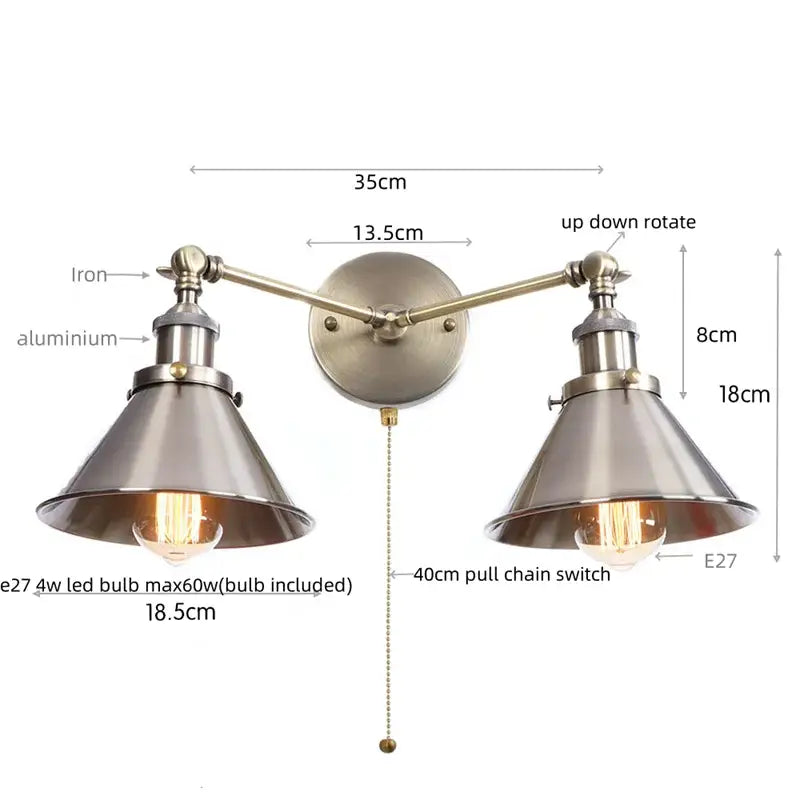 Industrial vintage double copper wall light with brushed brass finish and conical metal shades for bedroom reading decorbites wall light