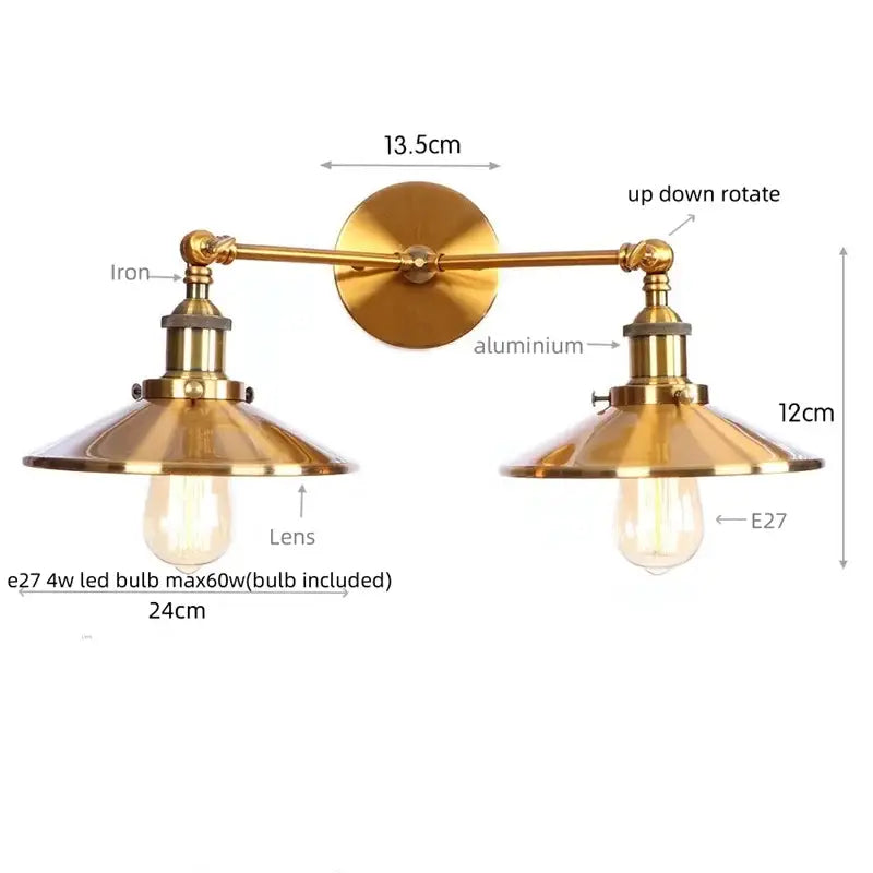 Brass-finished industrial vintage double wall light with adjustable arms and vintage edison bulbs for bedroom decorbites industrial vintage use
