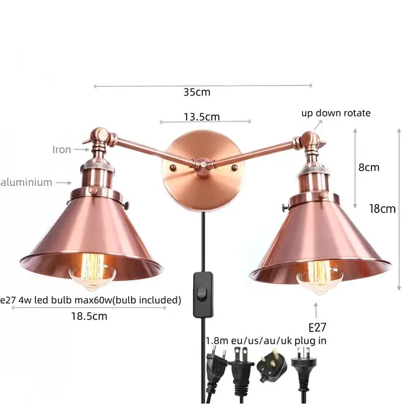 Copper-toned industrial vintage led wall light with double adjustable arms and vintage edison bulbs for bedroom decorbites industrial vintage