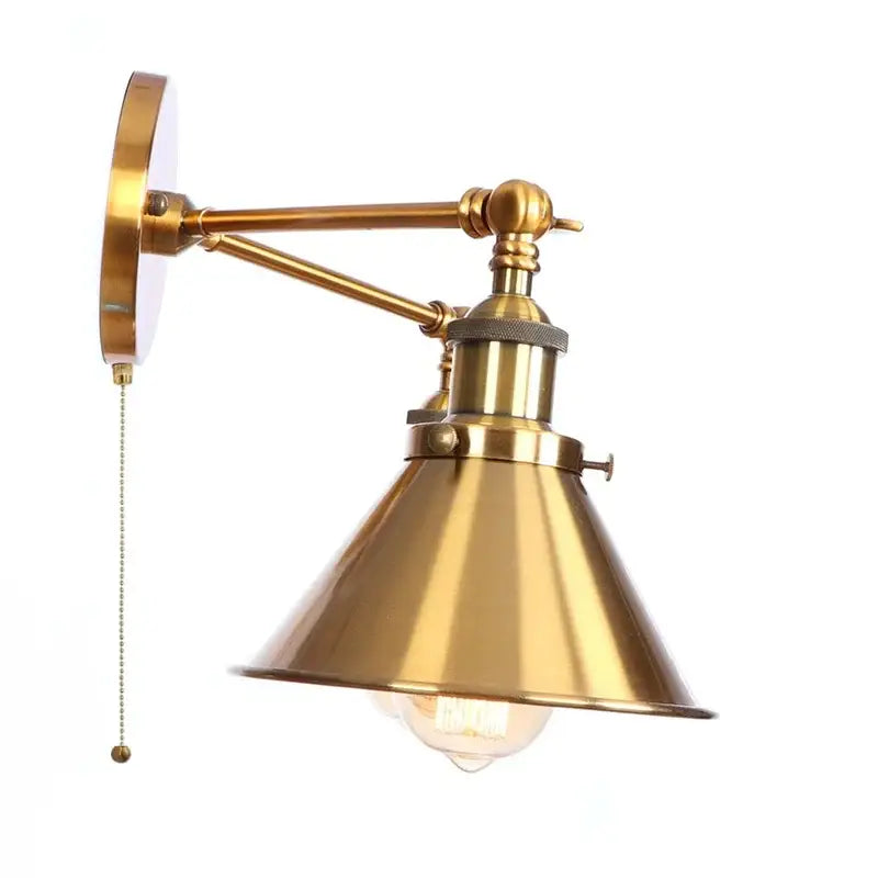 Brass industrial vintage led wall light with conical shade and adjustable double arm for bedroom decorbites industrial vintage