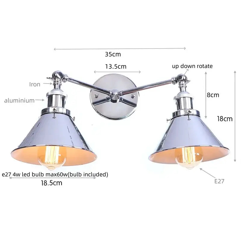 Chrome-finished industrial vintage led wall light with double adjustable arms and conical shades for decorbites industrial vintage decor