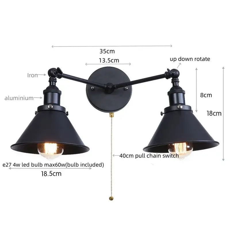 Black industrial vintage led wall light with two adjustable arms and conical shades for decorbites industrial vintage decor