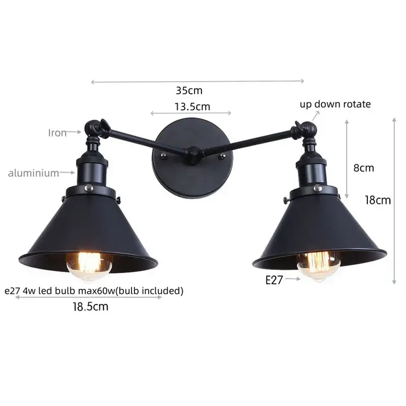 Black industrial vintage led wall light with double adjustable arms and conical shades for decorbites industrial vintage decor
