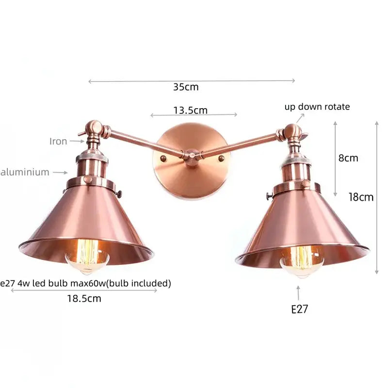 Copper-toned industrial vintage led wall light with adjustable double arms and conical shades by decorbites industrial vintage