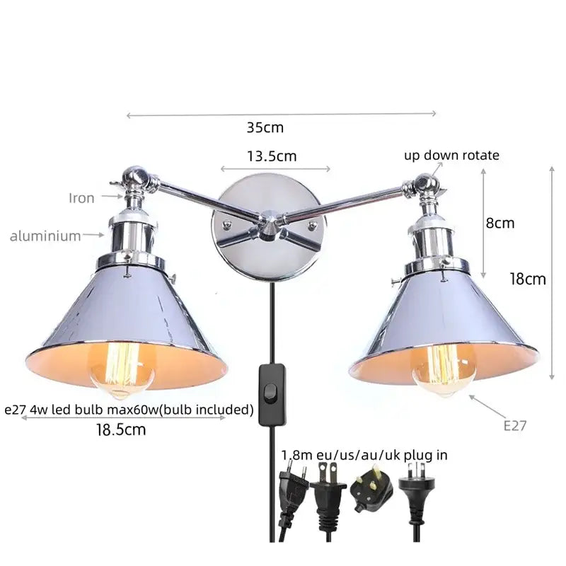 Industrial vintage gold brass wall light with chrome-finished double arm and conical shades for decorbites industrial vintage led style