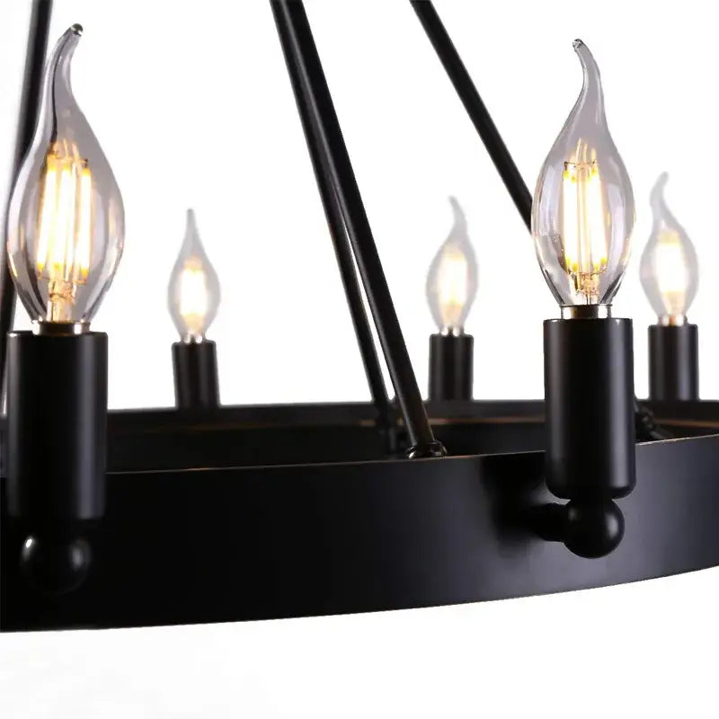 Black wrought iron industrial vintage iron 8 light chandelier with clear flame-shaped glass bulbs pendant lights decorbites