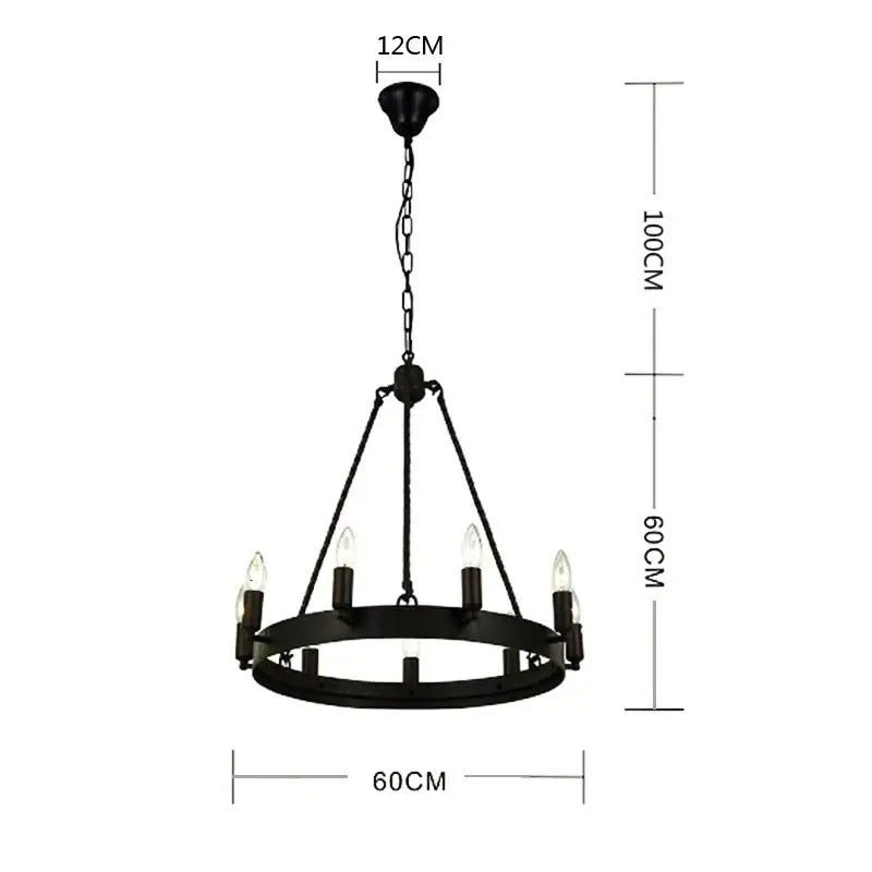 Black wrought iron industrial vintage iron chandelier with six candle-style bulbs and circular frame pendant lights decorbites