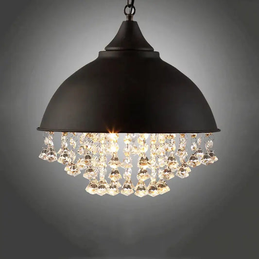 Black metal dome pendant light with dangling crystal chandelier accents for decorbites industrial vintage iron decor
