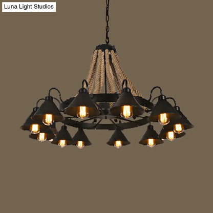 Industrial Vintage Large Chandelier with Rope and Metal Cone Shade - Perfect for Coffee Shop Pendant Lighting