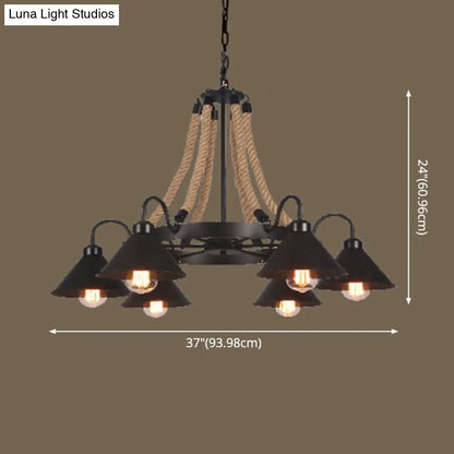 Industrial Vintage Large Chandelier with Rope and Metal Cone Shade - Perfect for Coffee Shop Pendant Lighting