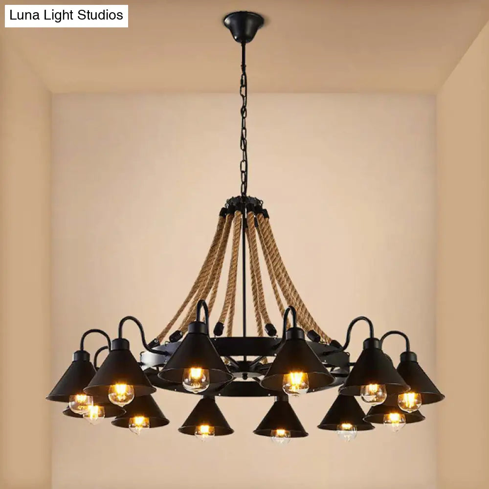 Industrial Vintage Large Chandelier with Rope and Metal Cone Shade - Perfect for Coffee Shop Pendant Lighting