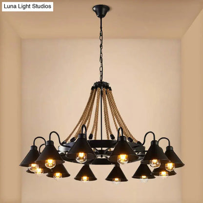 Industrial Vintage Large Chandelier with Rope and Metal Cone Shade - Perfect for Coffee Shop Pendant Lighting