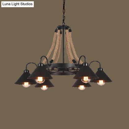 Industrial Vintage Large Chandelier with Rope and Metal Cone Shade - Perfect for Coffee Shop Pendant Lighting