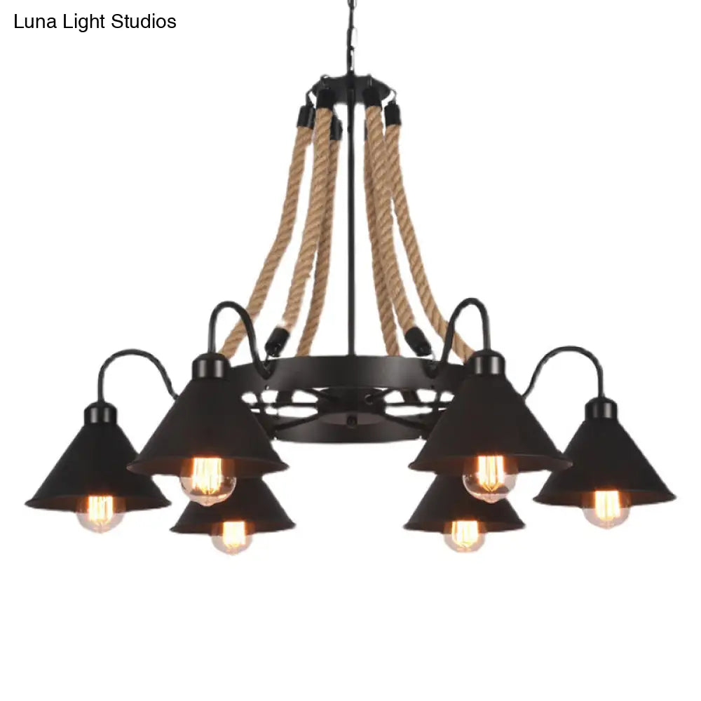Industrial Vintage Large Chandelier with Rope and Metal Cone Shade - Perfect for Coffee Shop Pendant Lighting