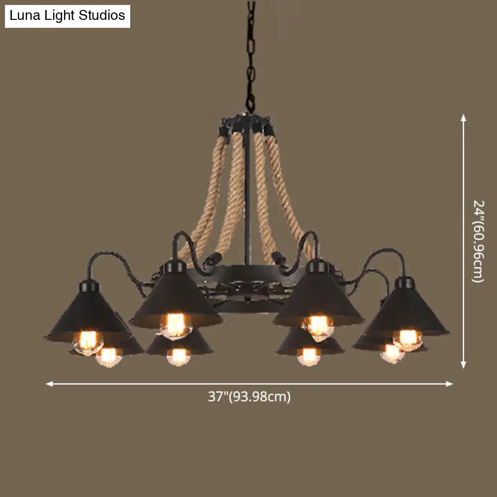 Industrial Vintage Large Chandelier with Rope and Metal Cone Shade - Perfect for Coffee Shop Pendant Lighting