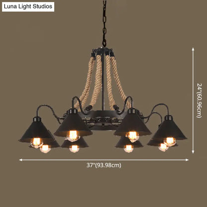 Industrial Vintage Large Chandelier with Rope and Metal Cone Shade - Perfect for Coffee Shop Pendant Lighting