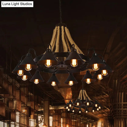 Industrial Vintage Large Chandelier with Rope and Metal Cone Shade - Perfect for Coffee Shop Pendant Lighting