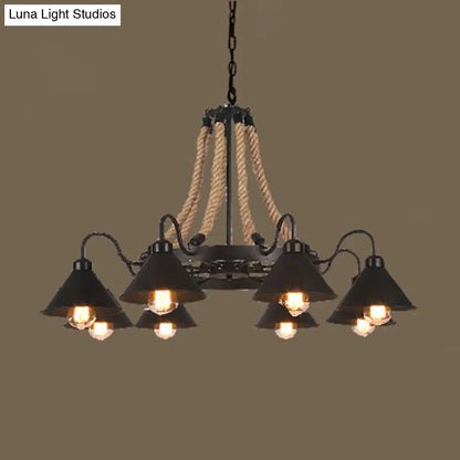 Industrial Vintage Large Chandelier with Rope and Metal Cone Shade - Perfect for Coffee Shop Pendant Lighting