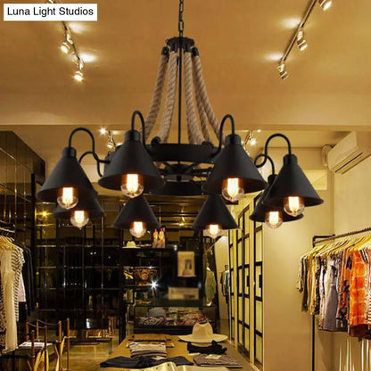 Industrial Vintage Large Chandelier with Rope and Metal Cone Shade - Perfect for Coffee Shop Pendant Lighting
