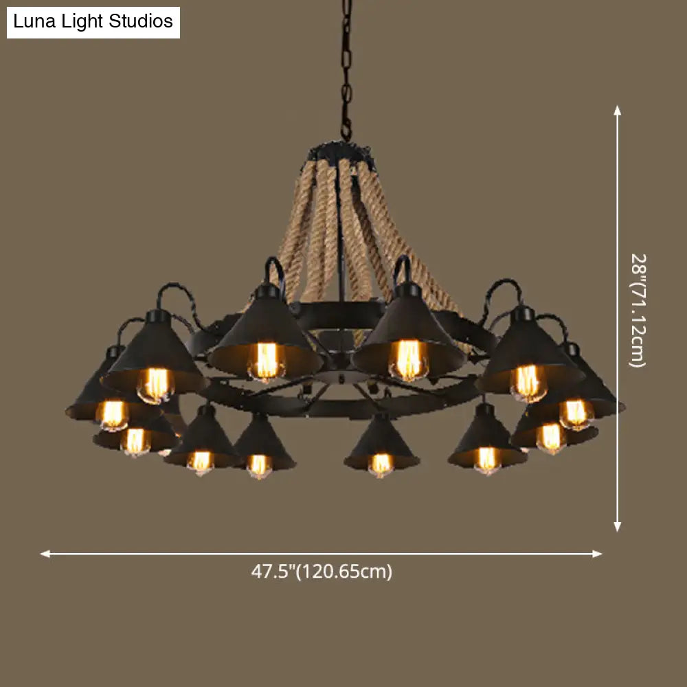 Industrial Vintage Large Chandelier with Rope and Metal Cone Shade - Perfect for Coffee Shop Pendant Lighting