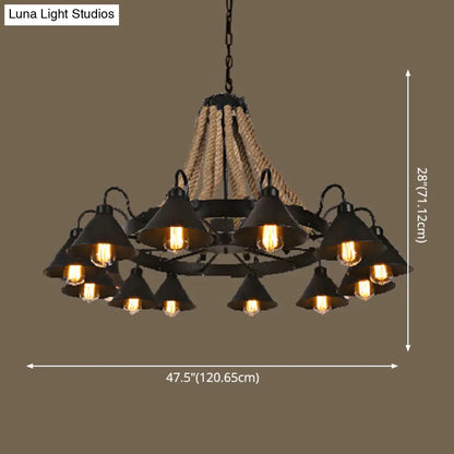 Industrial Vintage Large Chandelier with Rope and Metal Cone Shade - Perfect for Coffee Shop Pendant Lighting