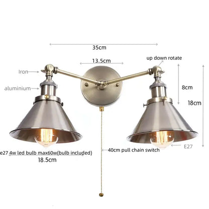 Industrial vintage led brass double arm wall light with brushed brass finish and conical metal shades for bedroom decorbites industrial vintage style